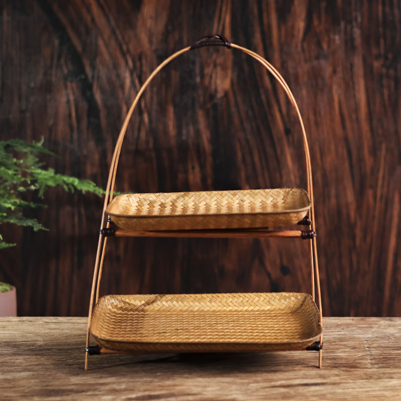 DG14-13大漆竹席双层支架长方形浅（云南Q0431）茶道配件