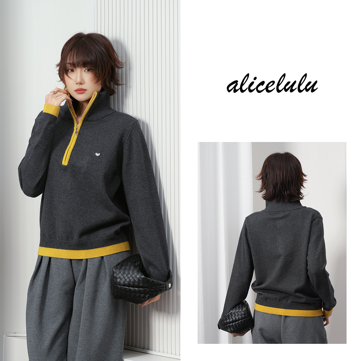 原alicelulu 胸前小心机.半拉链拼色时髦针织衫S1035729V