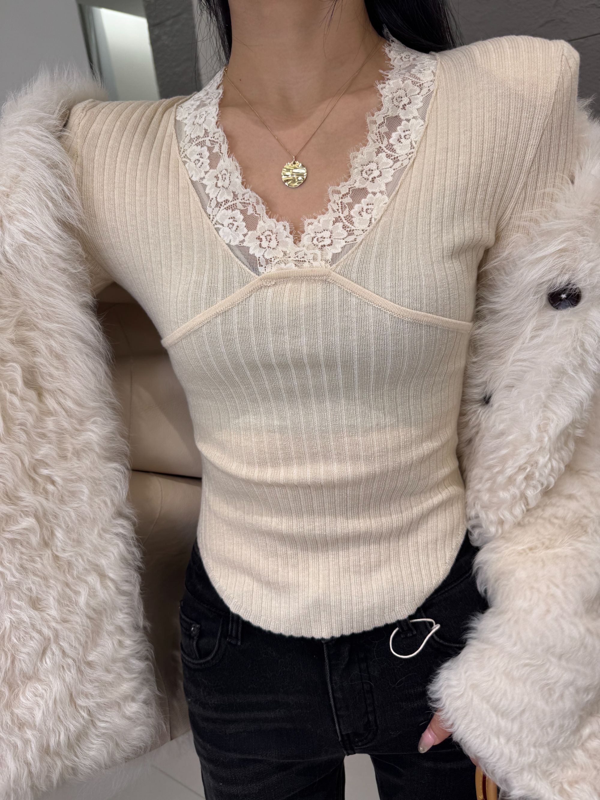 「西凉家」蕾丝拼接打底衫 米杏色