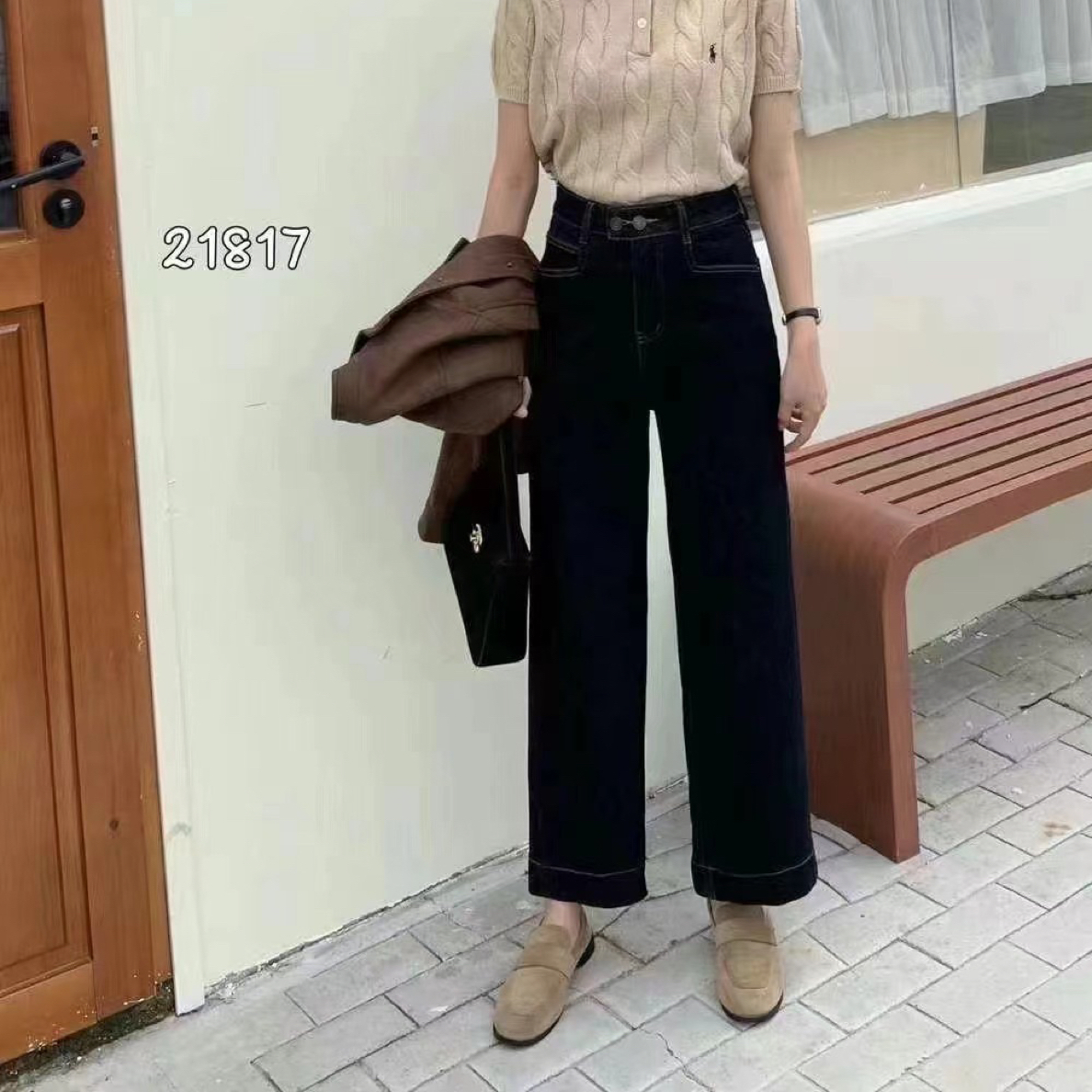 21817秋季新款高腰显瘦深蓝九分阔腿牛仔裤女款百搭时尚