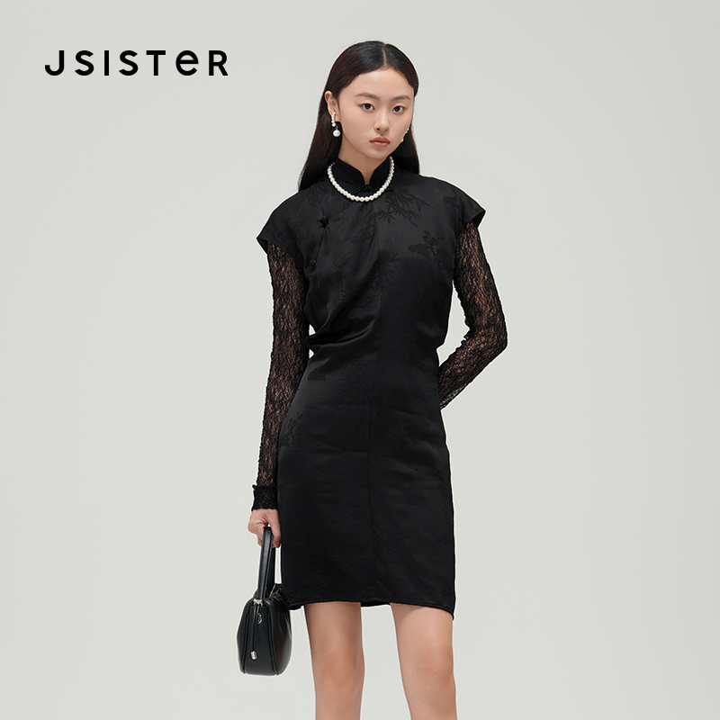 jsister2025冬装新款 JS女装时尚设计感黑色中式连衣裙套装