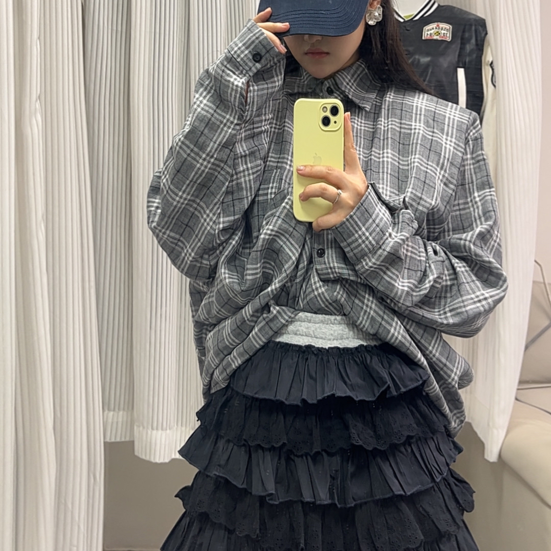 韩国东大门百搭设计感双面格宽松慵懒休闲女士格子衬衫