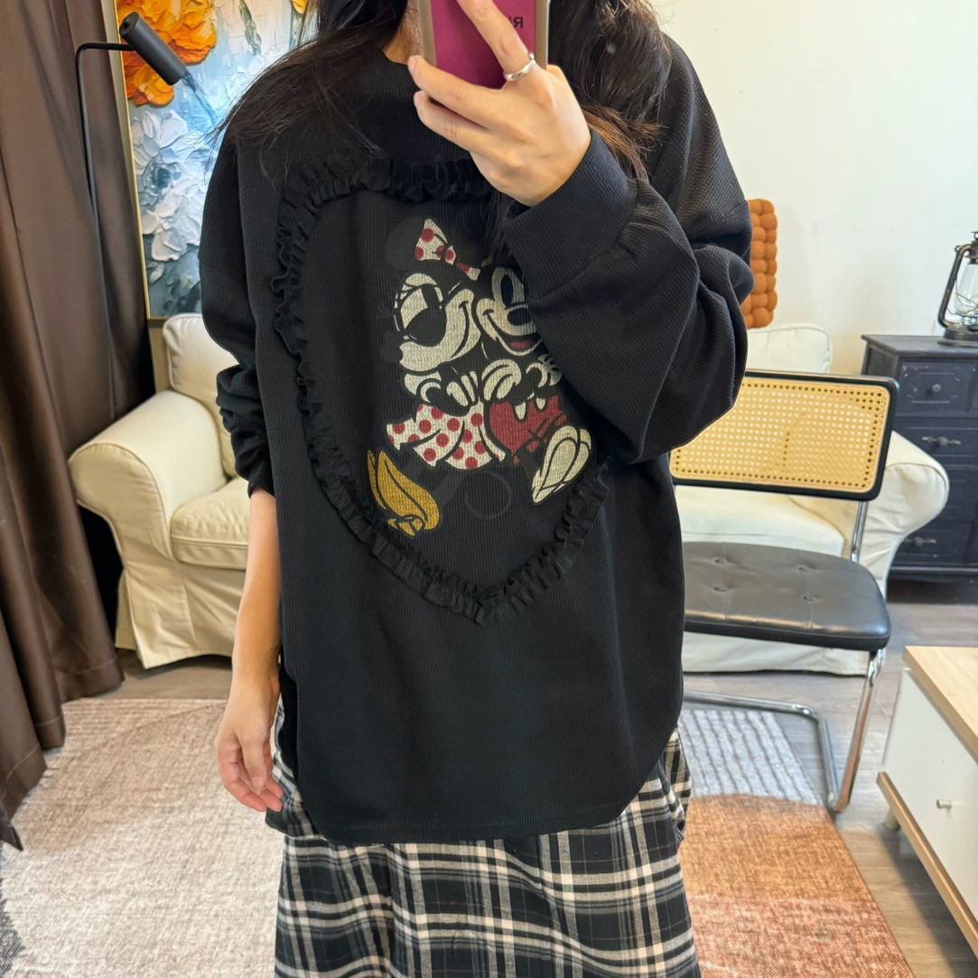 超美木耳边小米奇呢！韩国代购宽松版华夫格黑色中长款长袖t恤潮