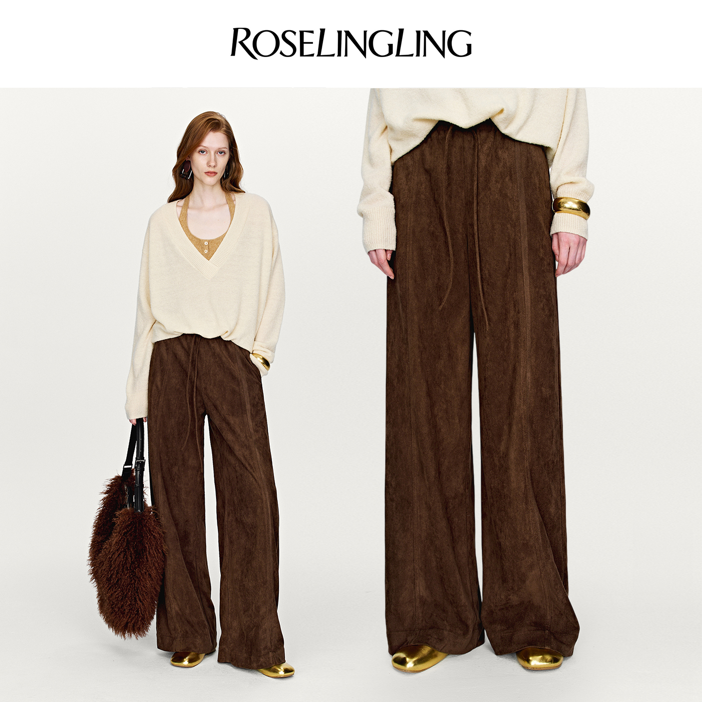 ROSELINGLING【口碑爆款升级】复古环保麂皮休闲橡筋腰宽松空气裤