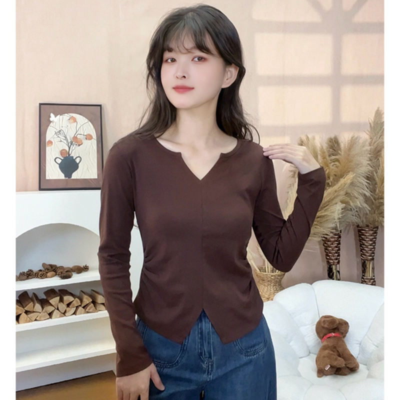 高品质精梳棉不规则V领长袖T恤女秋冬纯色时尚百搭修身显瘦上衣
