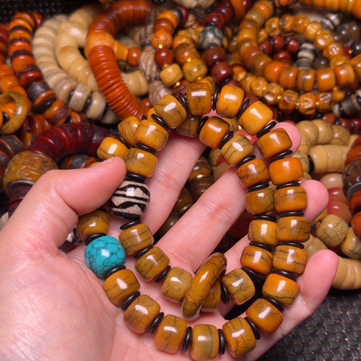 【闪购商品】牛骨手串/手链牛骨黄双圈男款12×9×36颗