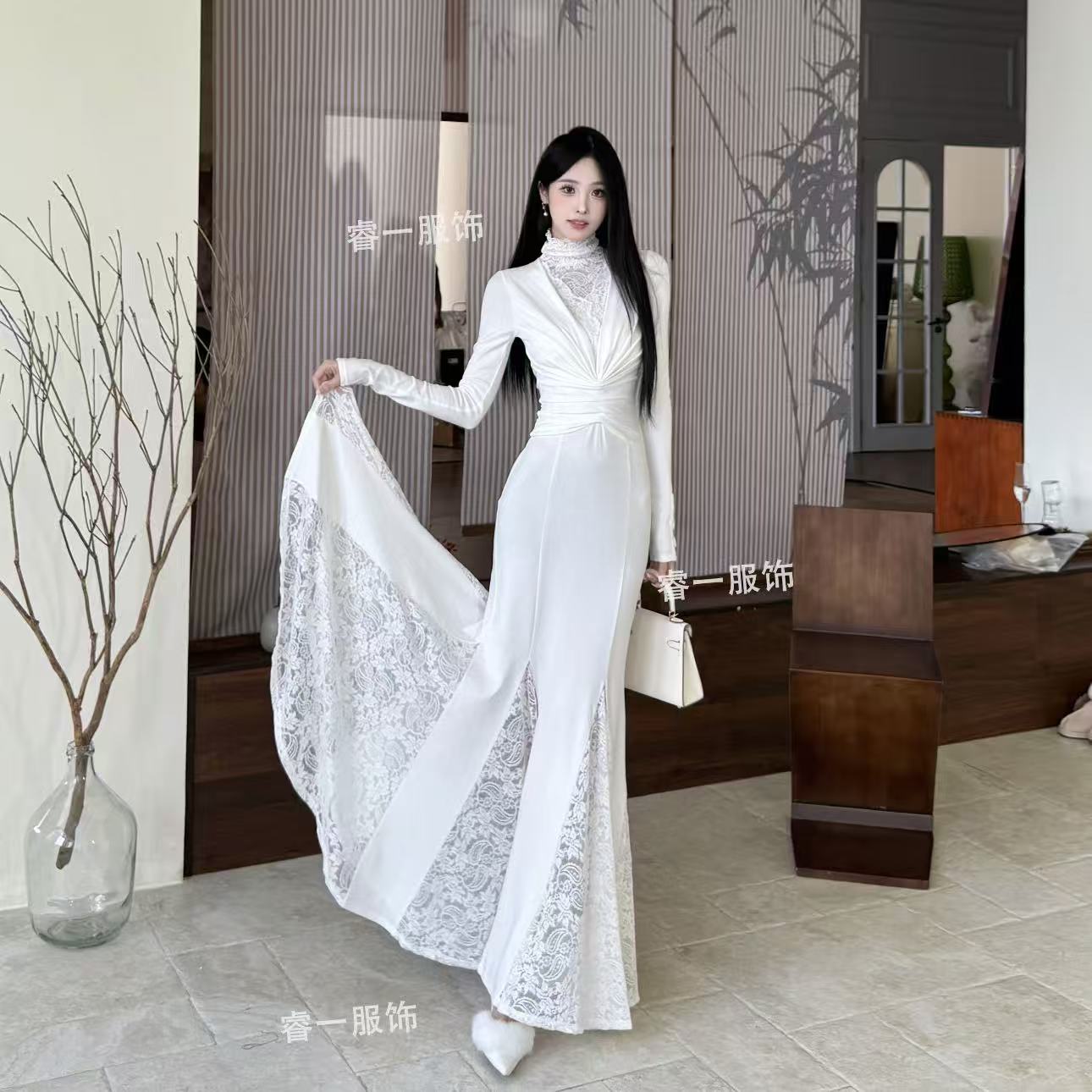 TITI （假两件）秋冬修身长袖蕾丝高腰连衣裙大气时尚鱼尾包臀裙女