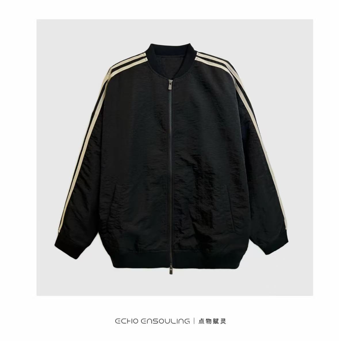 E11072长袖免烫棒球领条纹夹克ins情侣上衣