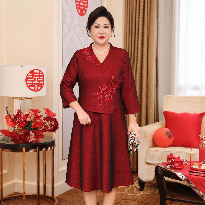 中老年女装长裙胖妈妈婚礼服结婚高贵连衣裙洋气订婚裙子WH25589