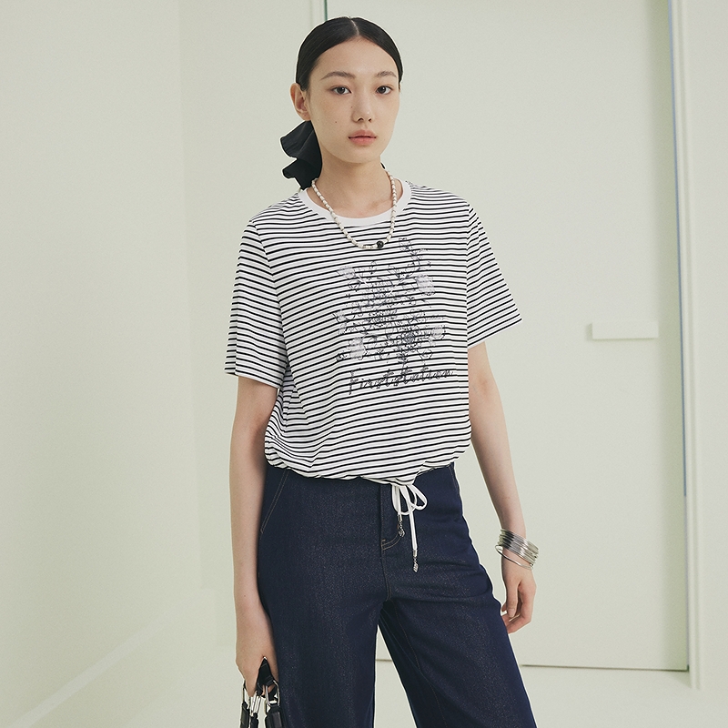 FS经典圆领黑白撞色条纹印花T恤上衣女25夏新款5361A