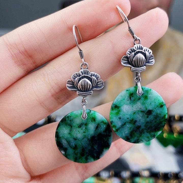 翡翠耳饰银S925镶嵌饰品