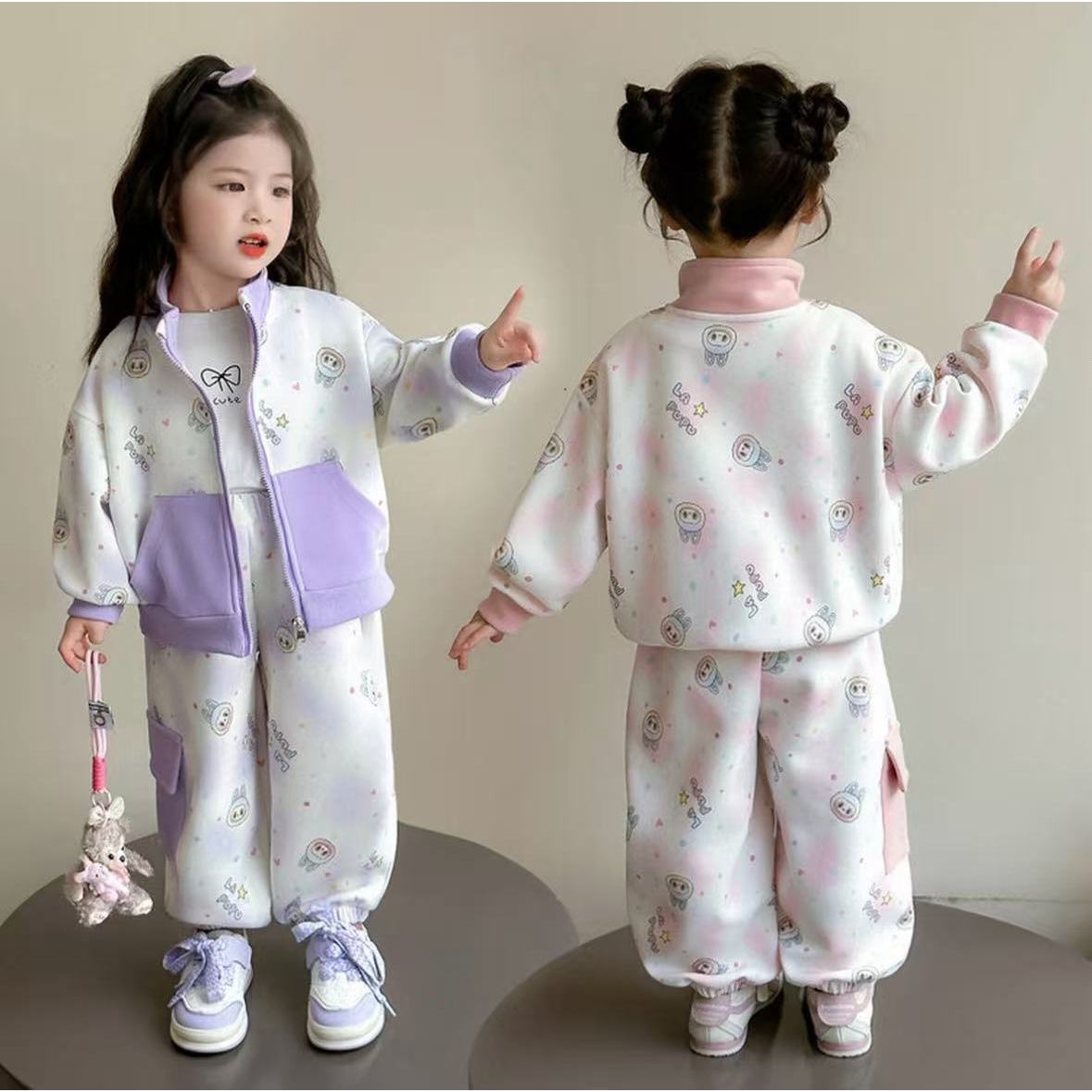 56439新款春秋季女童时尚可爱卡通印花紫色休闲运动套装