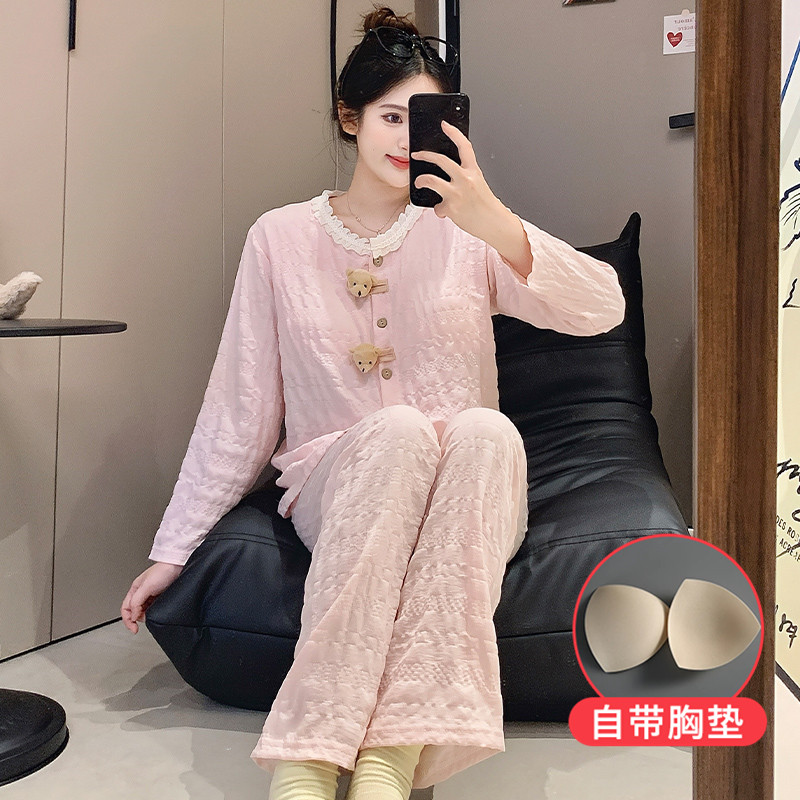 少女卡通睡衣带胸垫秋季新款长袖万年格公仔甜美网红家居服套装