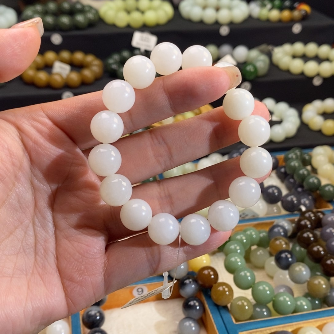 和田玉手链 12MM未镶嵌白玉