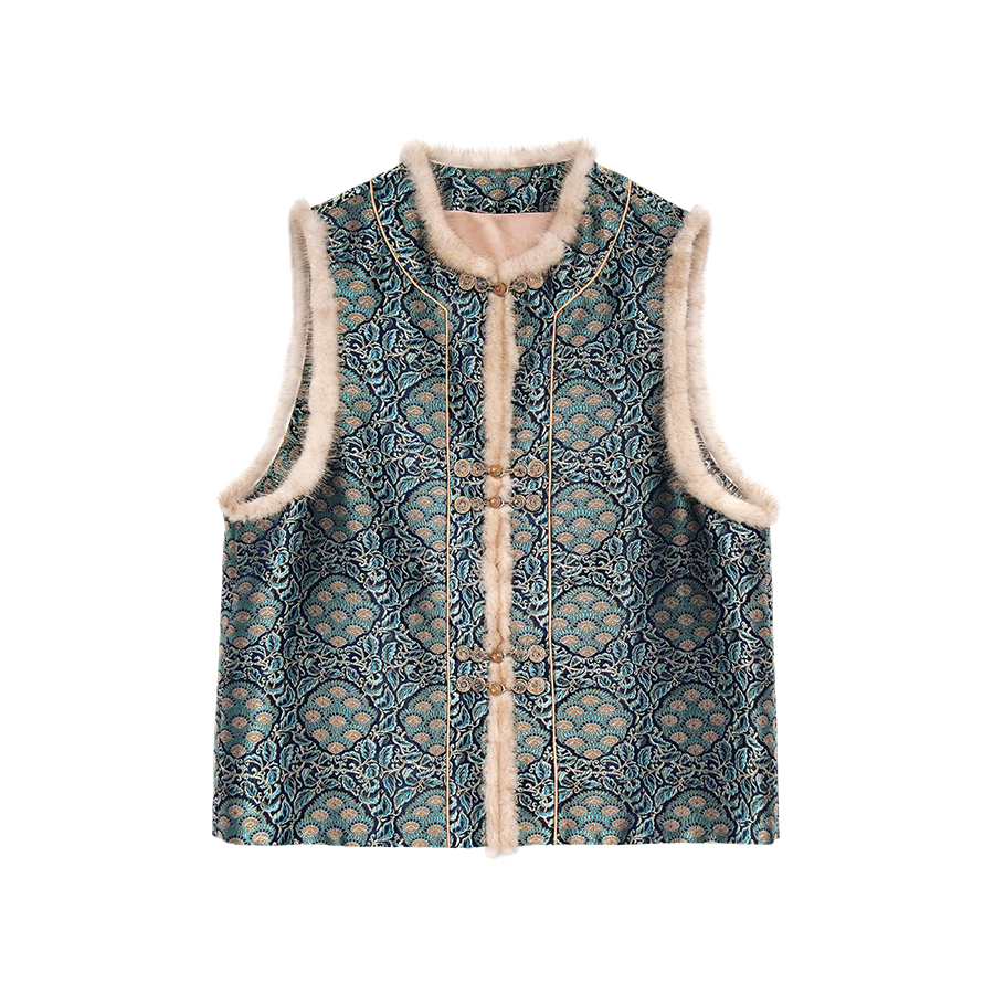 菩提子 国风满分桑蚕丝宋锦加厚羊绒棉水貂毛气质马甲 TZF-0965