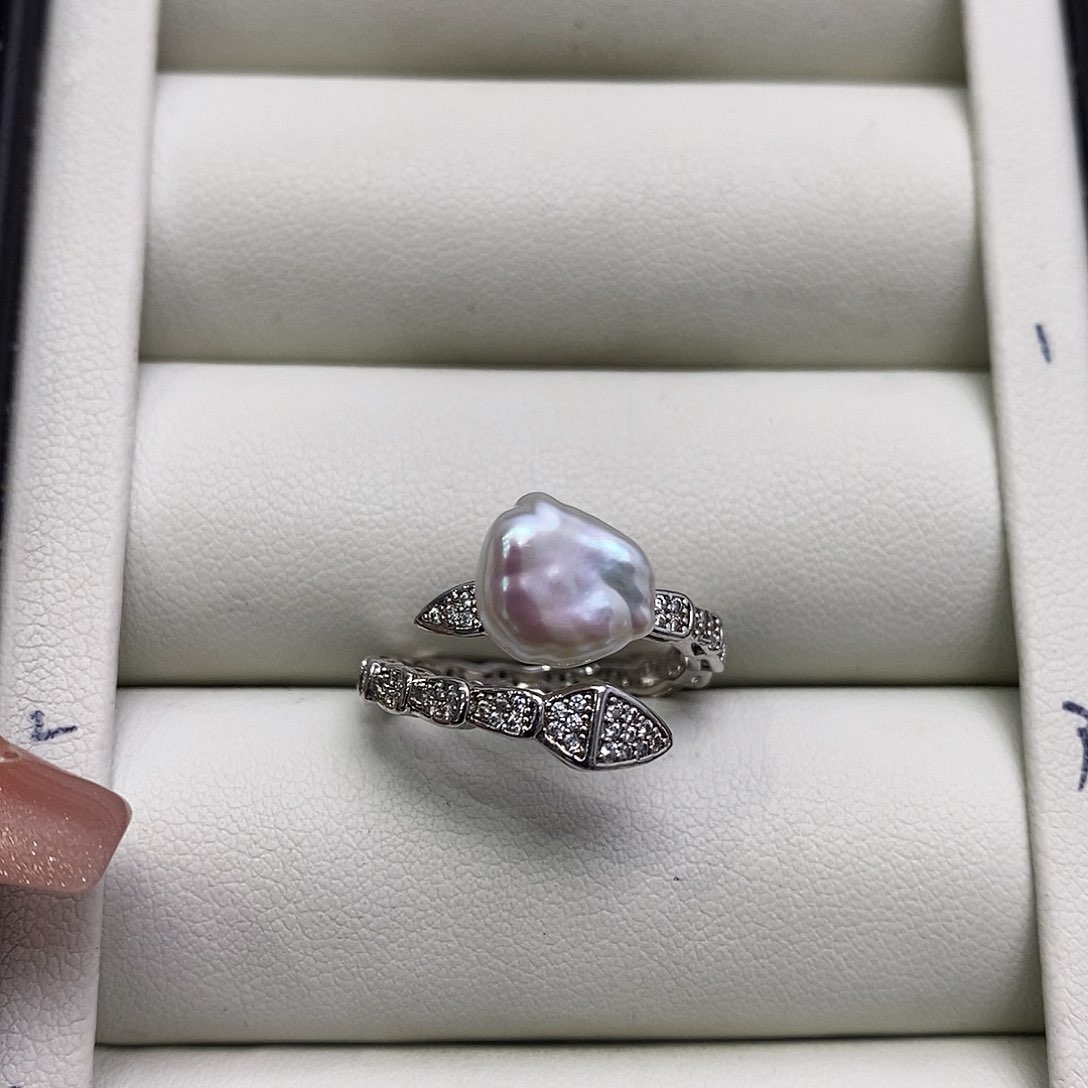 淡水珍珠戒指银S925镶嵌极光炫彩keshi蛇戒