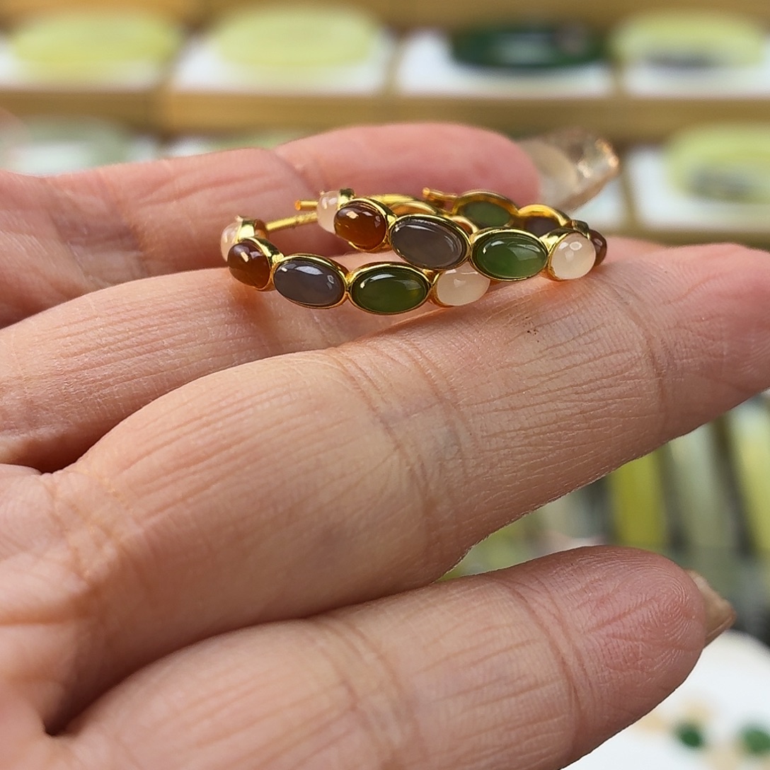 康***康和田玉银S925镶嵌耳饰