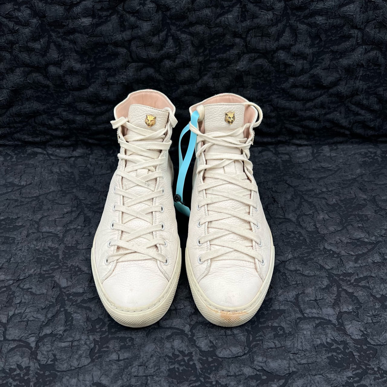 90新 GUCCI/古驰 米白色皮面虎头刺绣中帮板鞋 41码/9新/无配件