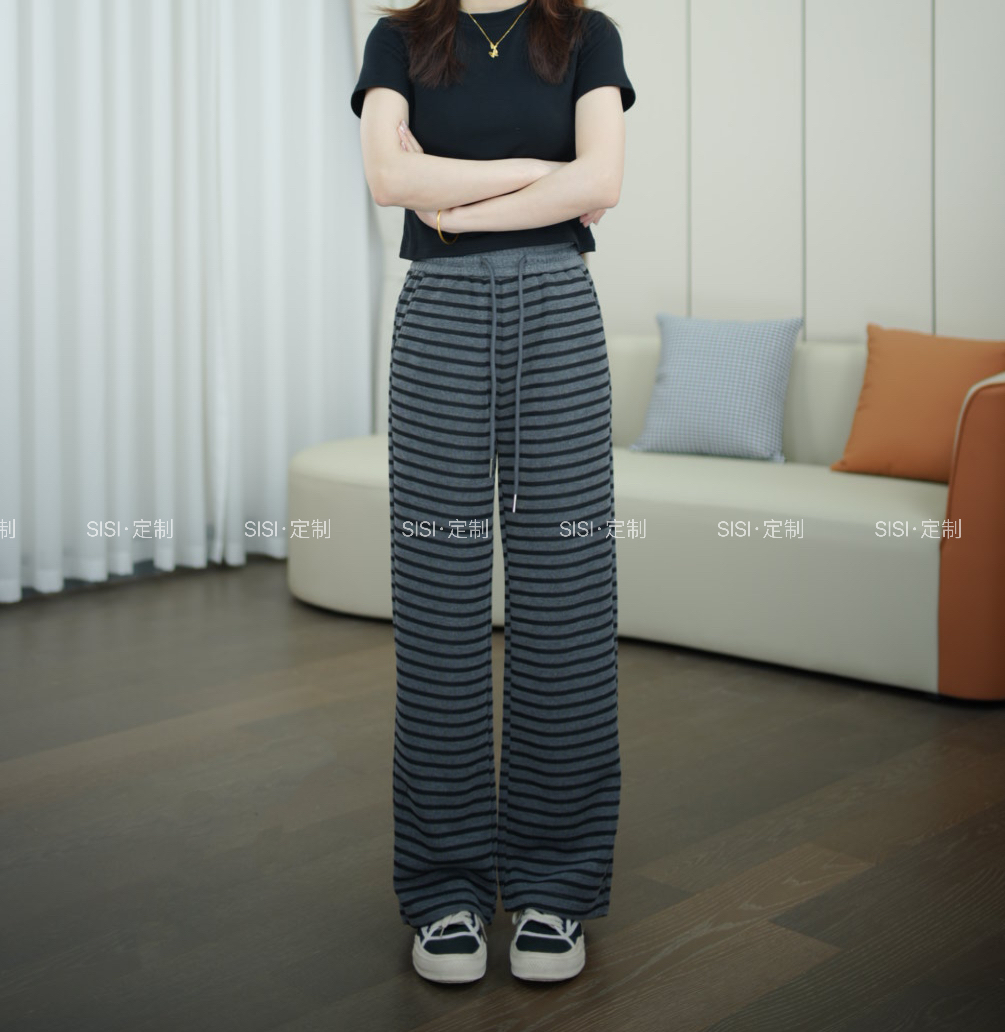 CC~横条纹阔腿裤女2025春装新款流行爆款时尚高腰显瘦直筒休闲裤