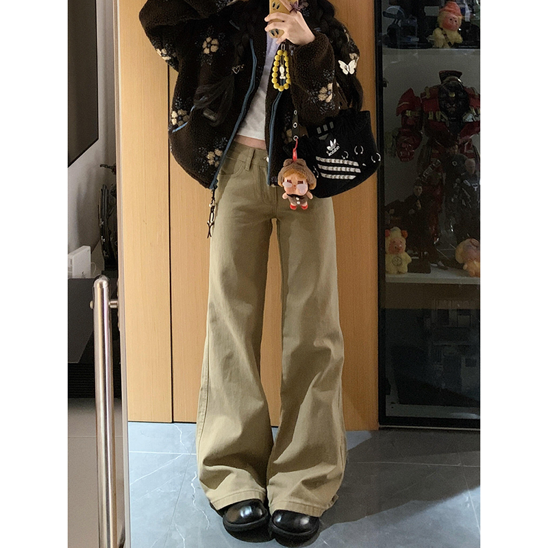 卡其色加绒加厚微喇牛仔裤女秋冬2025新款低腰宽松直筒阔腿喇叭裤