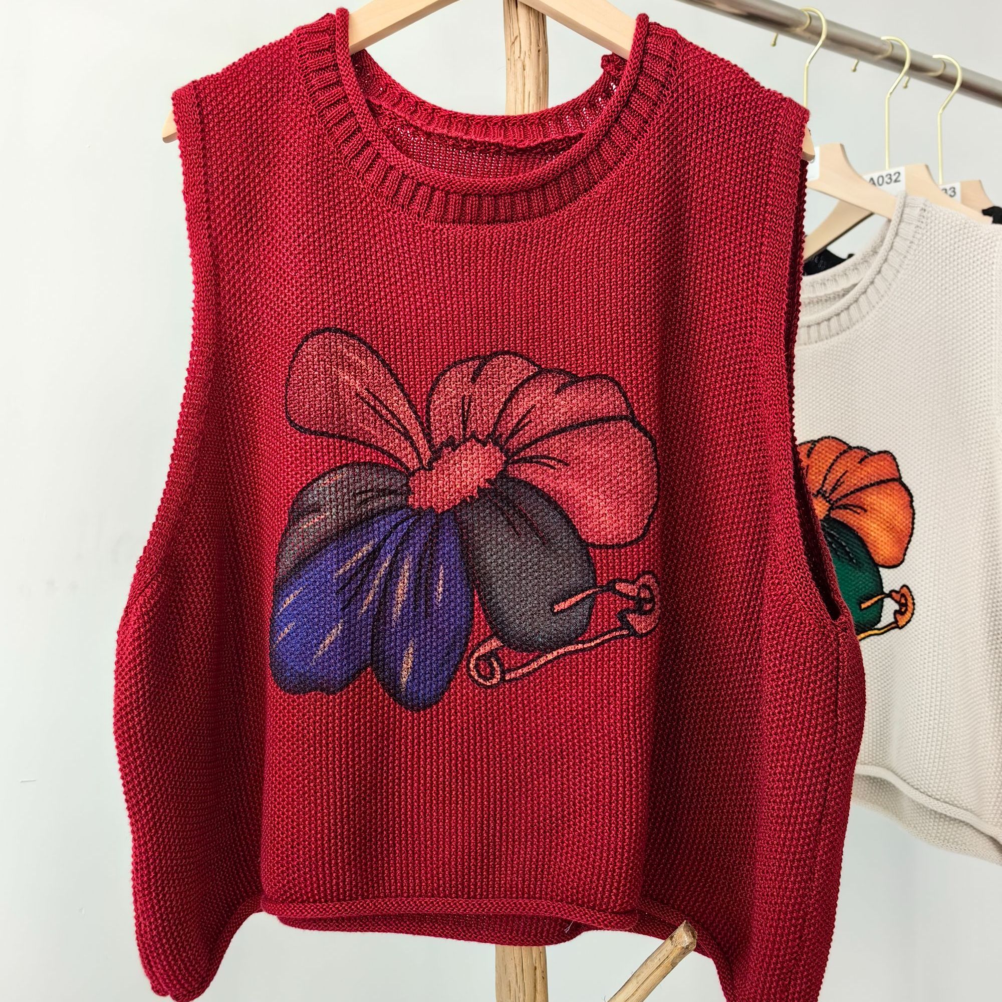 迪米原创  新款文艺圆领麻棉线春季宽松百搭休闲百合花女针织背心