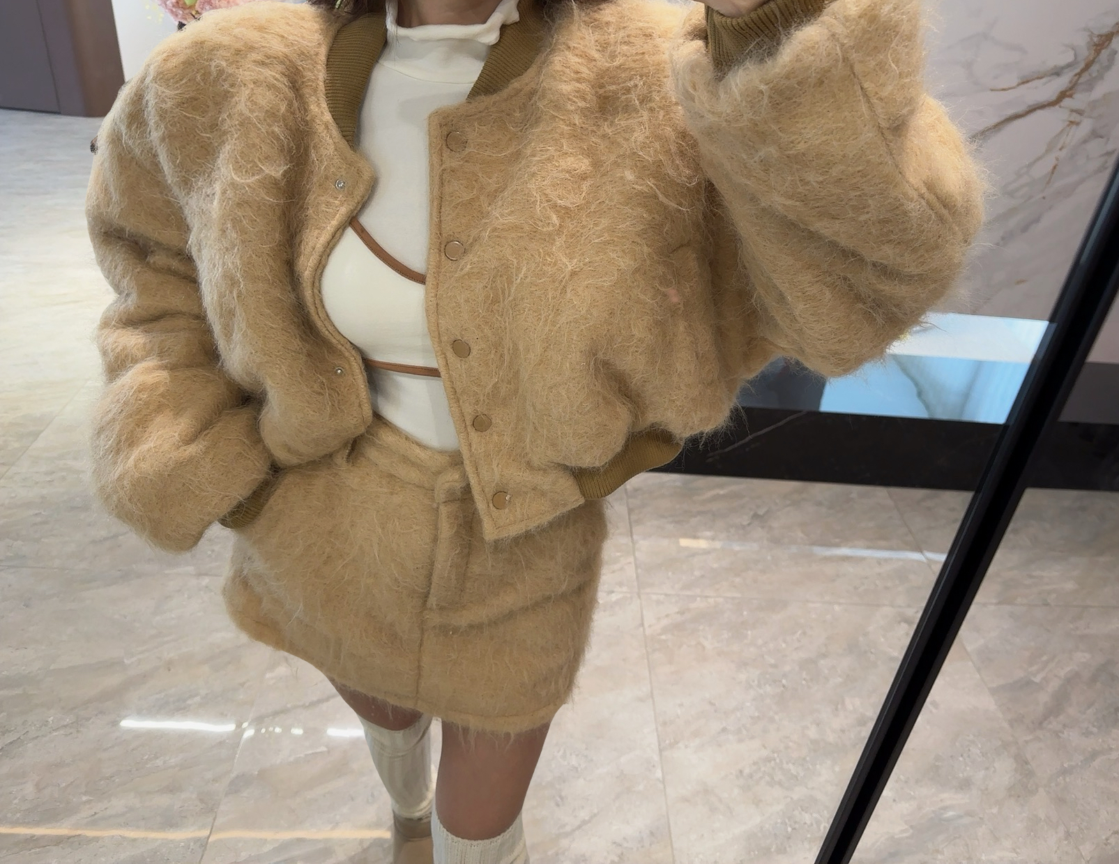 【松岛冬日】原单加厚毛感棒球服外套 A字短裙两件套