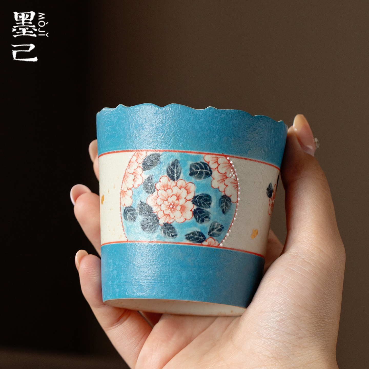 墨己火石红雾凇蓝手绘丹蕊花窗家用陶瓷咖啡杯高颜值茶杯牛奶杯