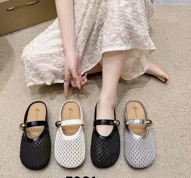 F061镂空包头半拖鞋女2025爆款编织网面透气舒适