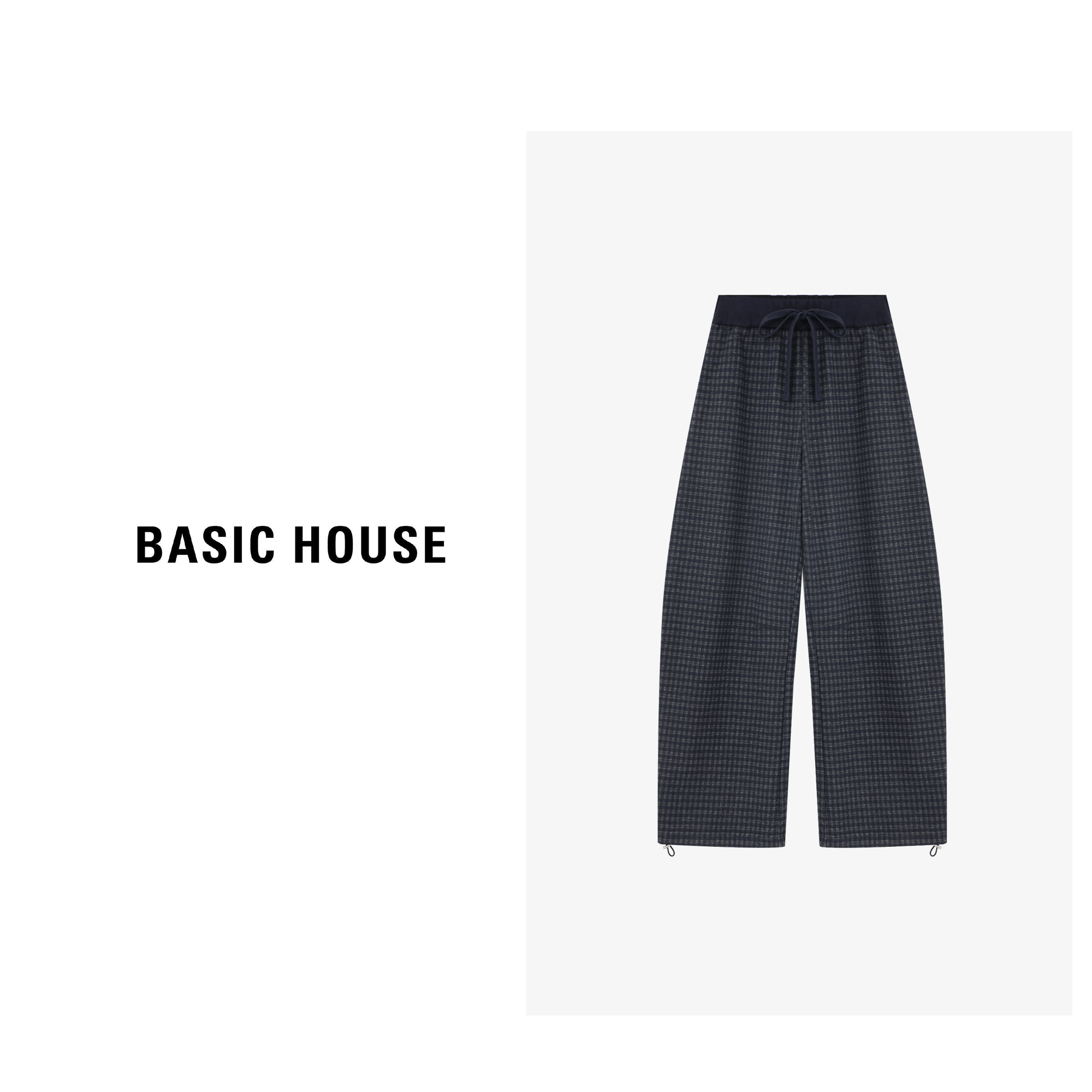 Basic House/百家好藏青底细格纹复古阔腿百搭休闲裤-B0625B5RRH2