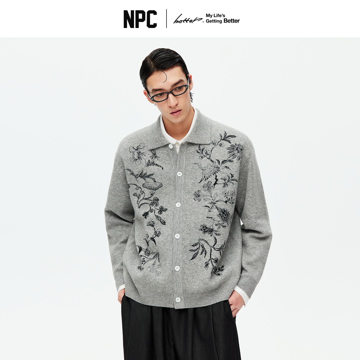 NPC潮牌混纺【青花鹤福】翻领针织开衫软糯舒适男冬季NP59SW03