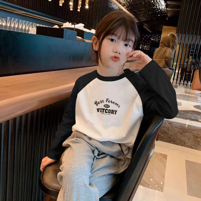 长袖儿童纯棉长袖T恤男童女童打底撞色拼接宝宝洋气中大童