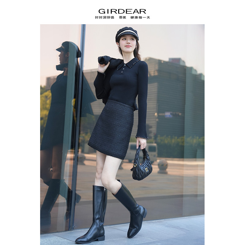 GIRDEAR/哥弟POLO领长袖常规袖毛针织衫修身显瘦翻领上衣138099