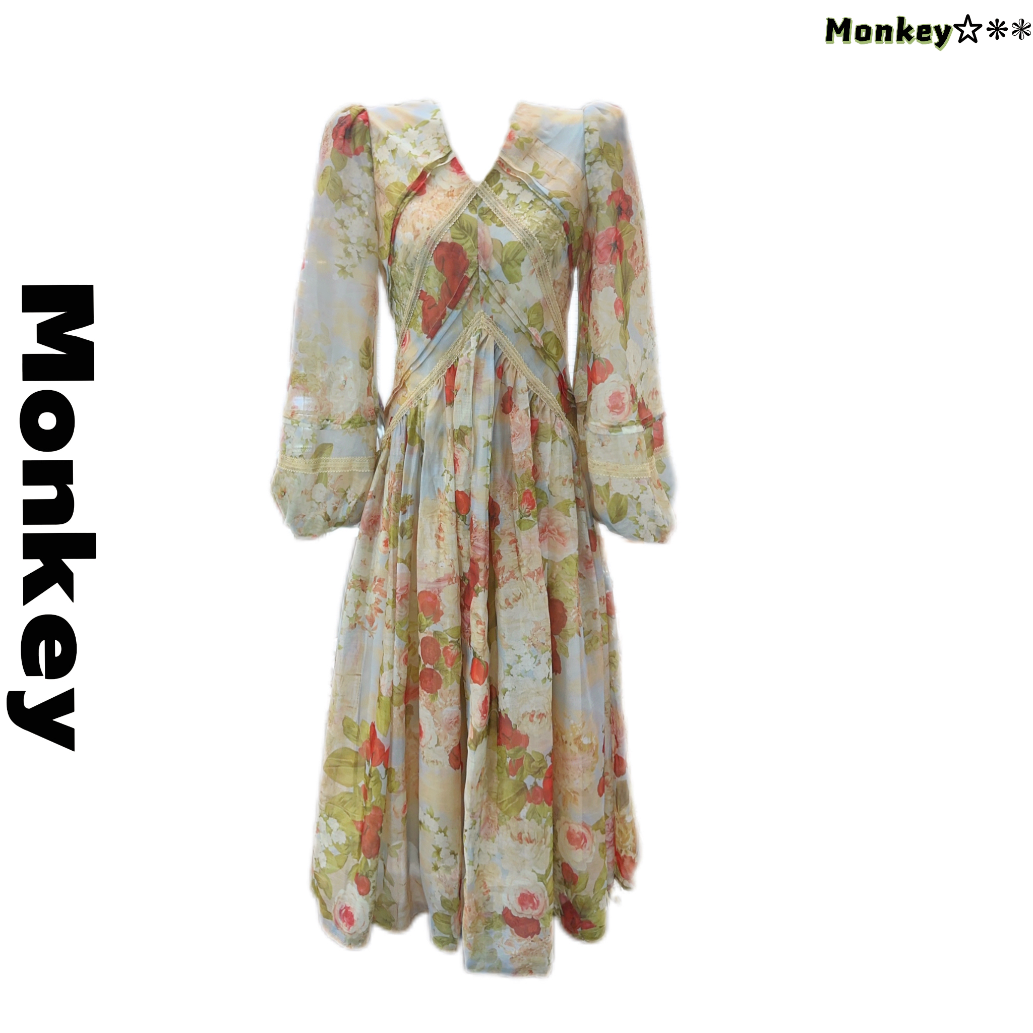 法式浪漫灯笼袖碎花连衣裙仙女春手工捏褶优雅长裙复古收腰显瘦