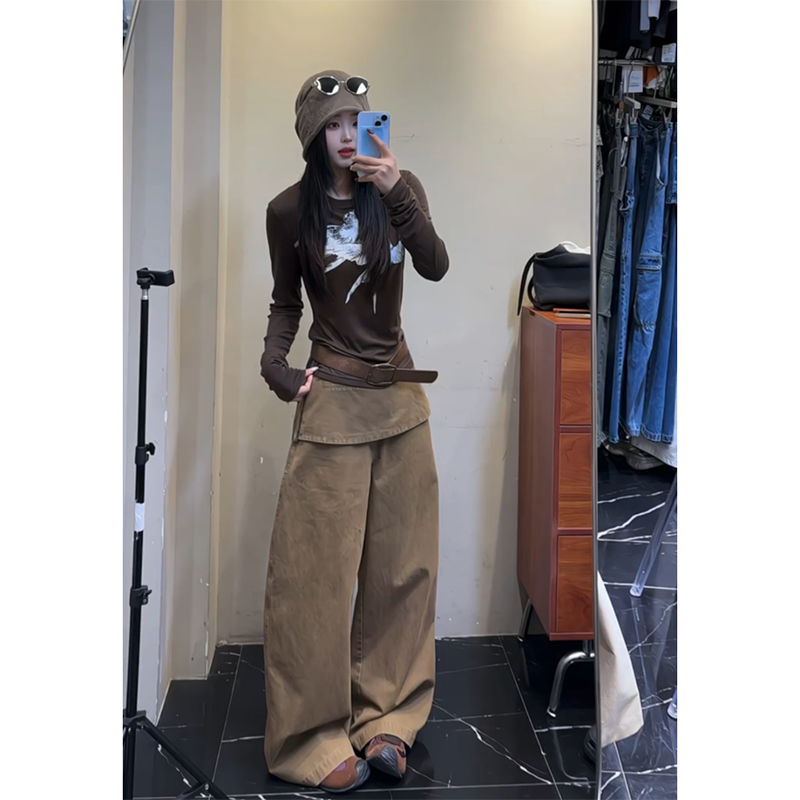 韩版复古气质宽松休闲直筒裙裤女春秋季新款设计假两件阔腿长裤子