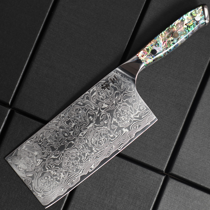 大马士革钢刀鲍鱼壳玫瑰纹家用切片菜刀10cr15mov