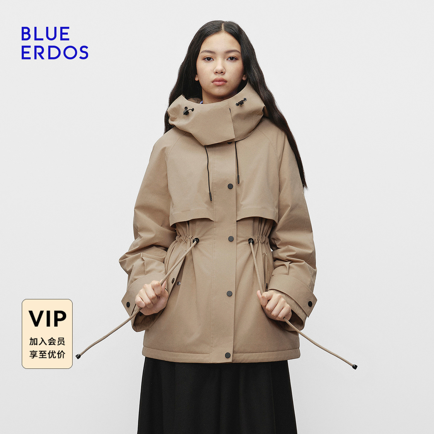 BLUE ERDOS 2025秋冬新品工装风收腰连帽羽绒服女外套B256JG701