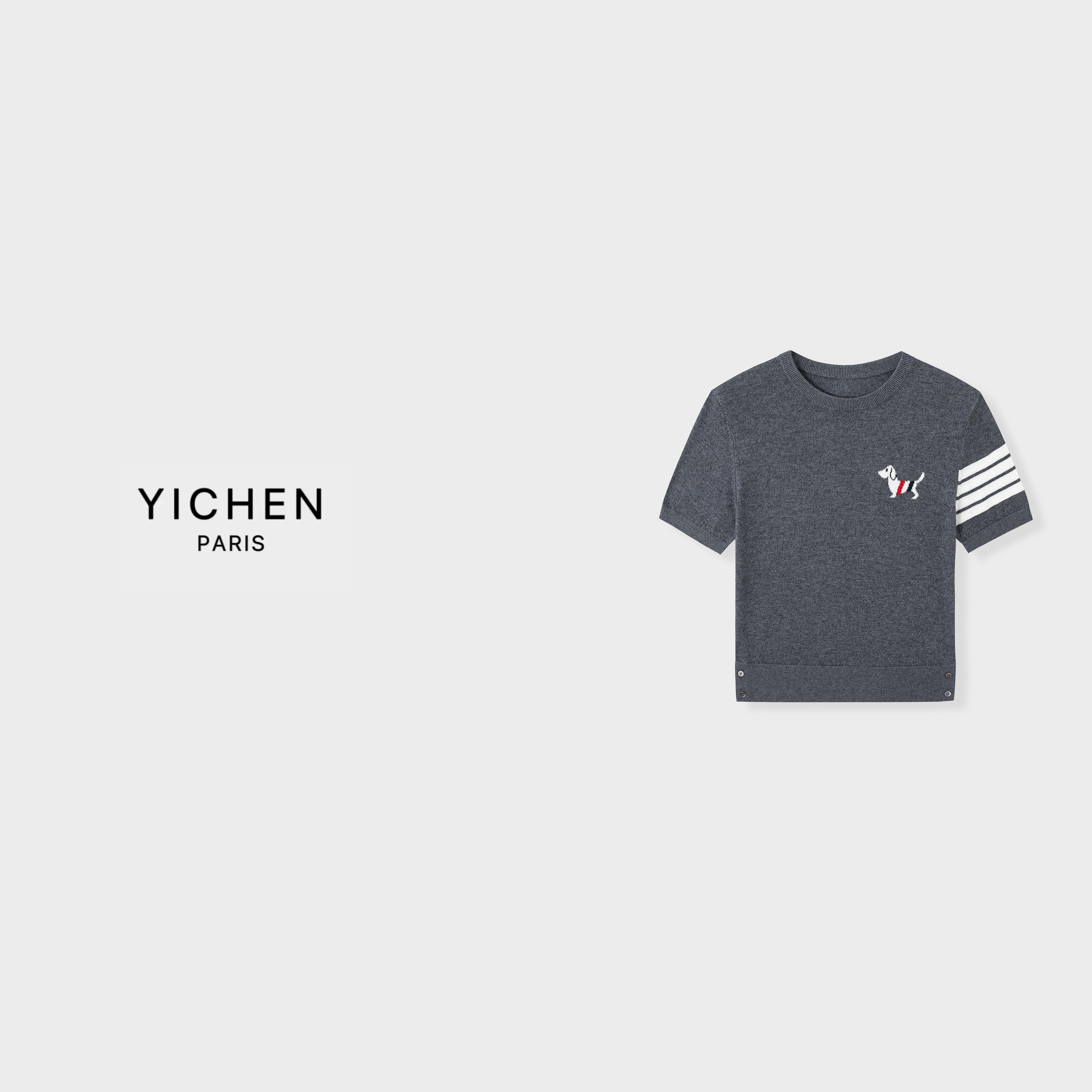 YC 深灰色彩条提花腊肠狗经典四杠圆领针织短袖-6138