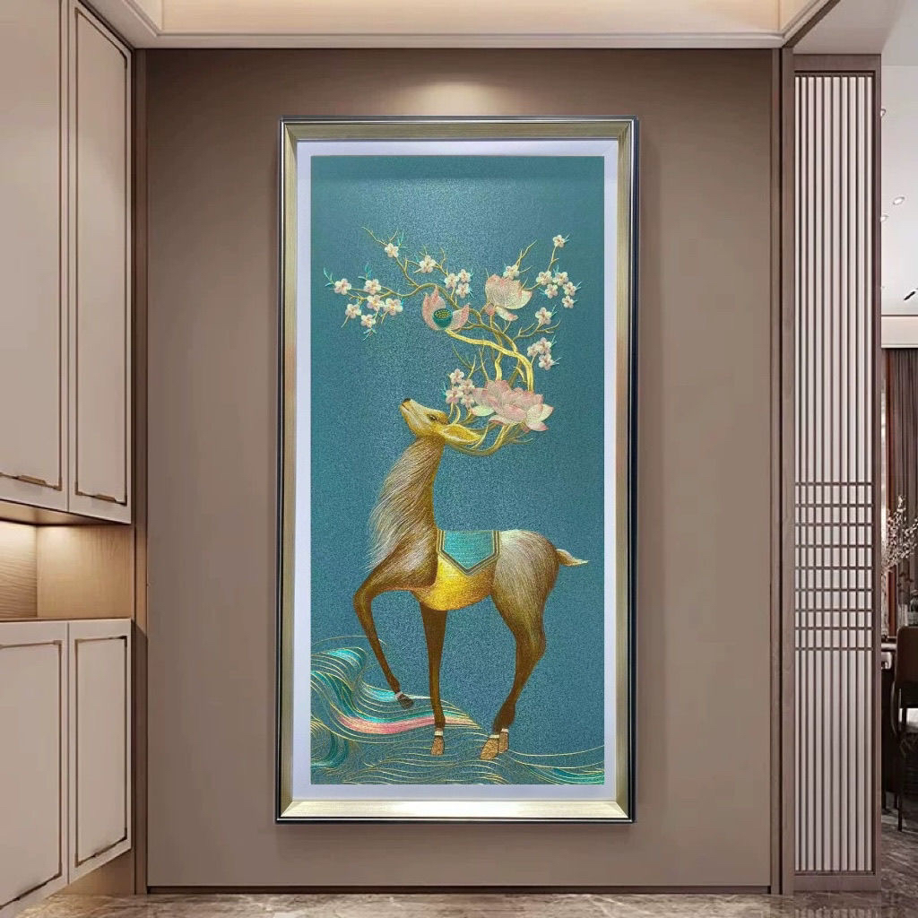 走廊苏绣轻奢装饰画高端织锦刺绣过道玄关挂画竖版新中式壁画麋鹿