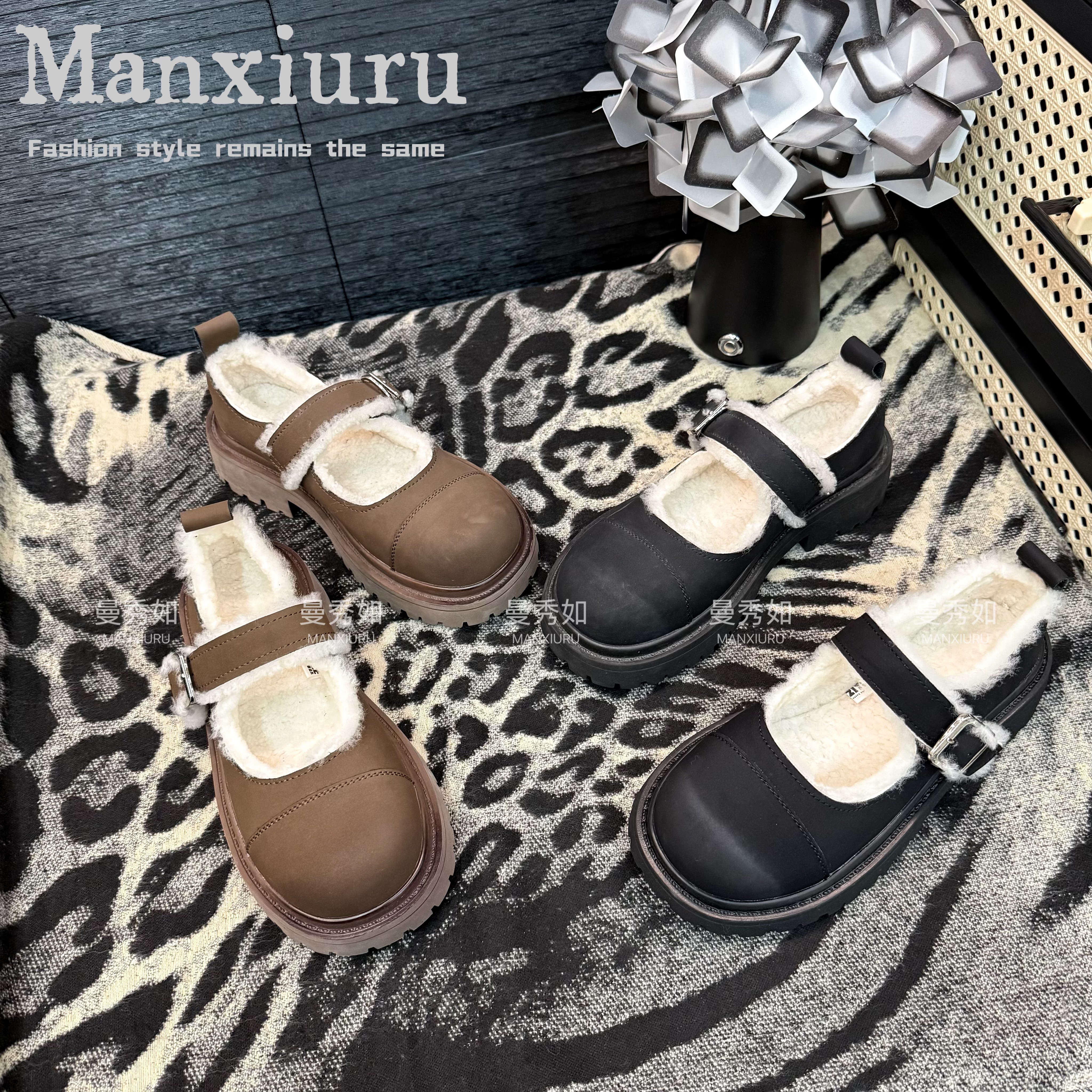 【曼曼】新品“韩剧女主”真皮魔术贴加绒保暖休闲鞋女毛毛鞋087Ⅱ