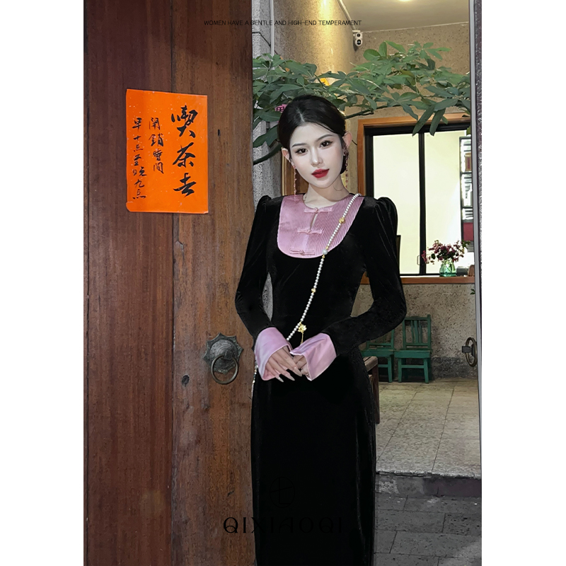 七小七Sicily【梨花扇】新中式国风旗袍连衣裙女秋冬设计感丝绒长裙