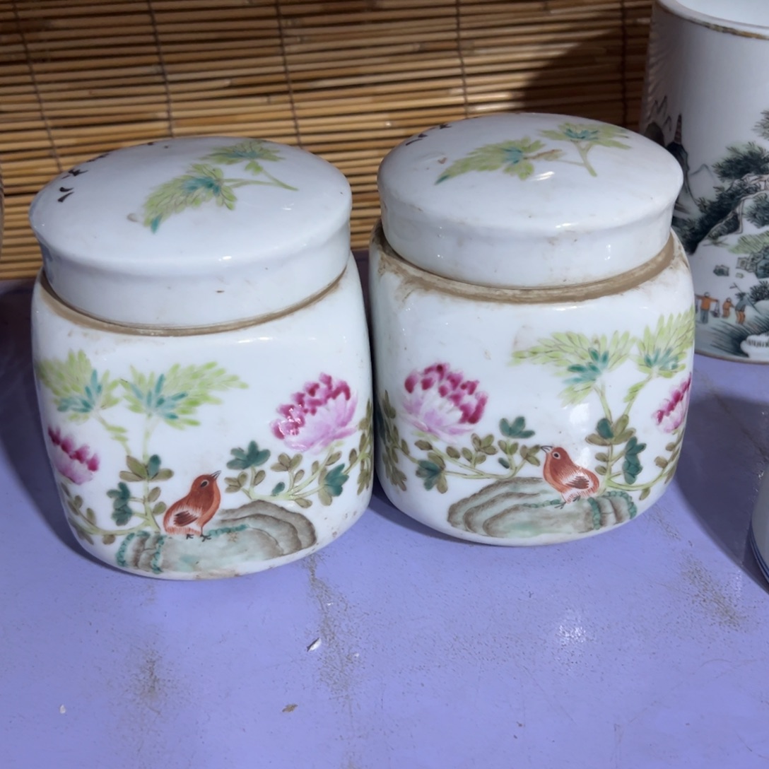陶瓷花鸟罐一对！！！！！