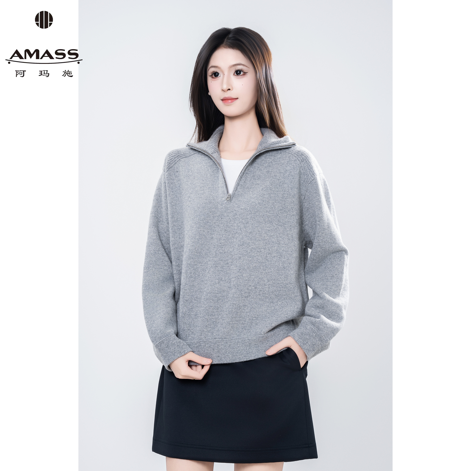 AMASS/阿玛施秋冬新款格雷系质感时尚复古立领套头针织衫女538085
