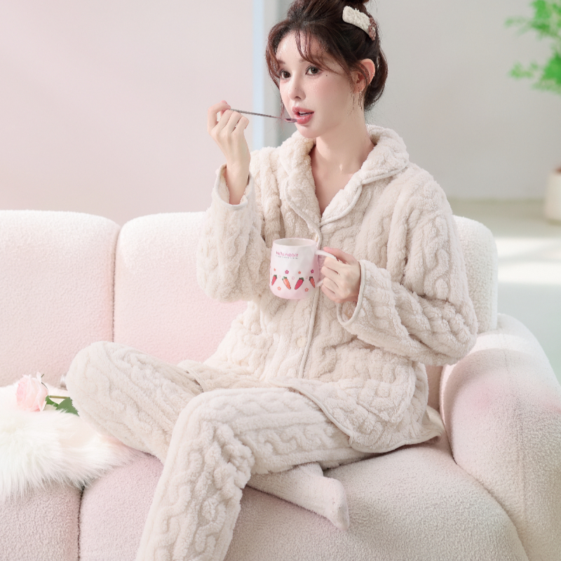 秋冬款提花小翻领休闲舒适家居服 加绒加厚小香风睡衣