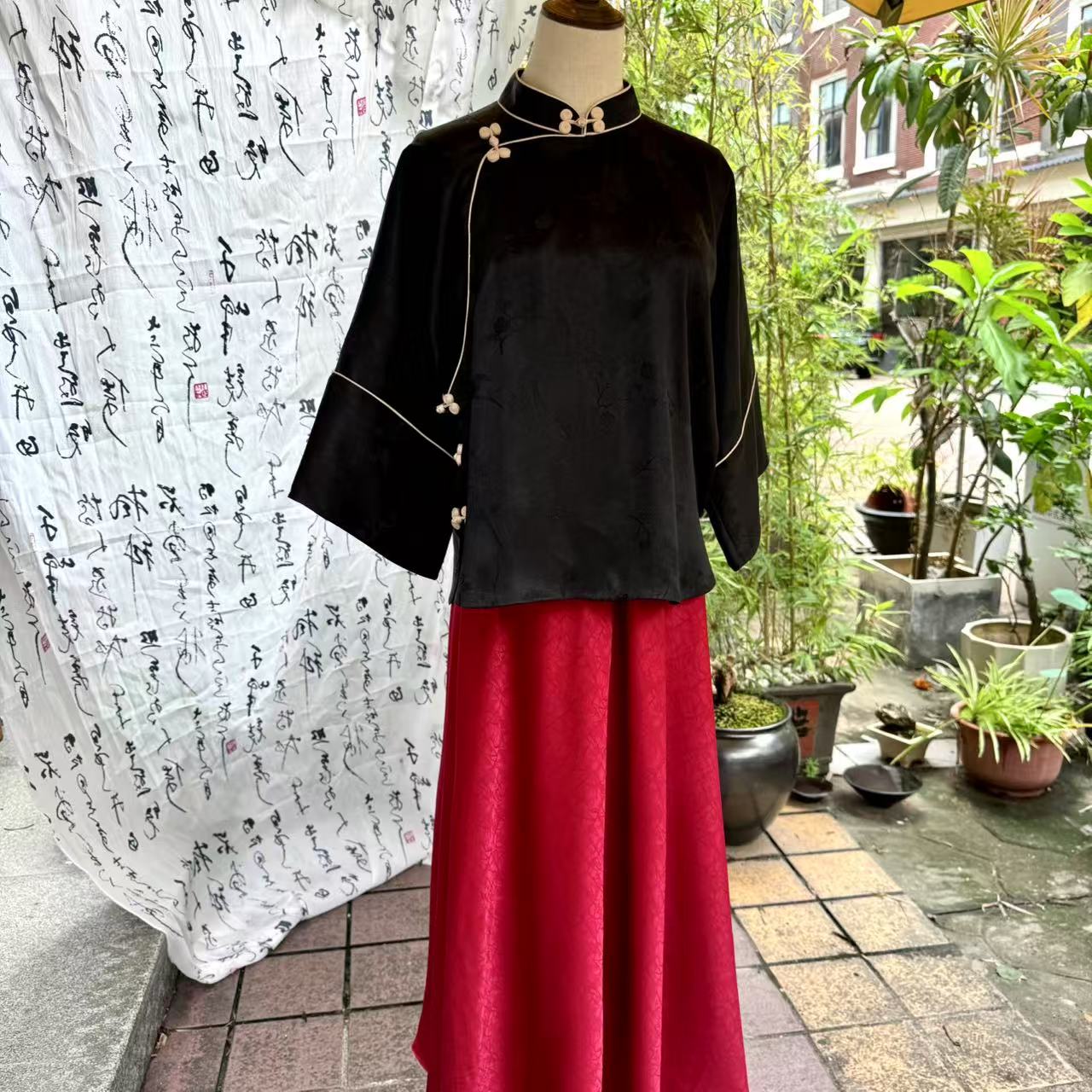 黑色香云纱手工上衣有领