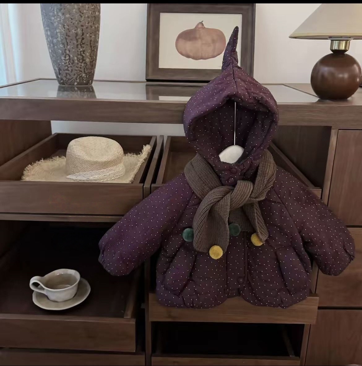 女童冬季新款加绒加厚洋气尖尖帽葡萄紫波点棉服时尚俏皮冬款棉服