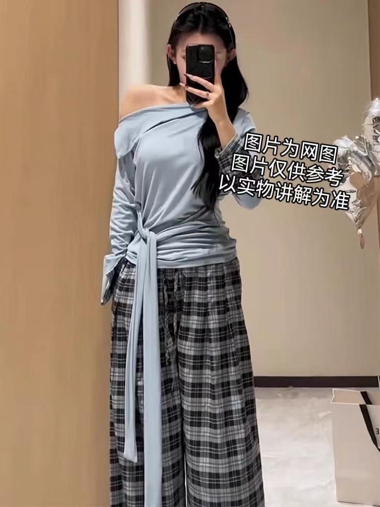 微胖大码女装2025春季新款套装韩系系带收腰上衣+格纹阔腿裤