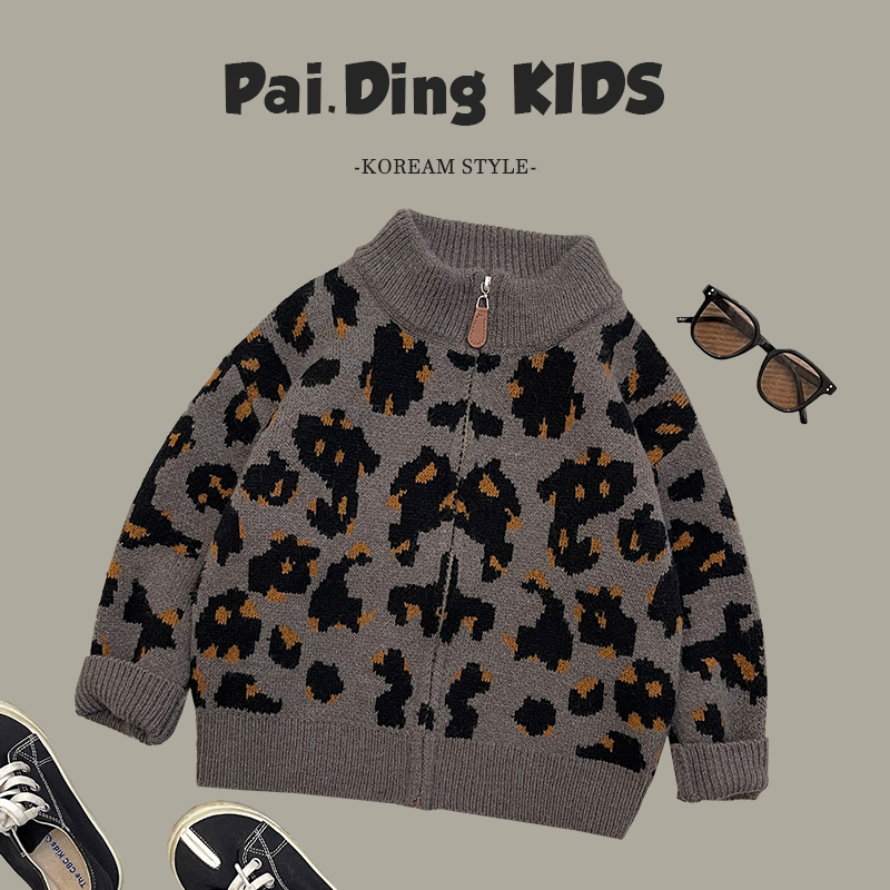 【现货】春秋装儿童韩版时尚满印豹闲宽松针织毛衣开衫HCXZ3650