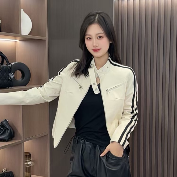 【薪多多推荐】显瘦设计师拼接夹克潮流皮衣女-303