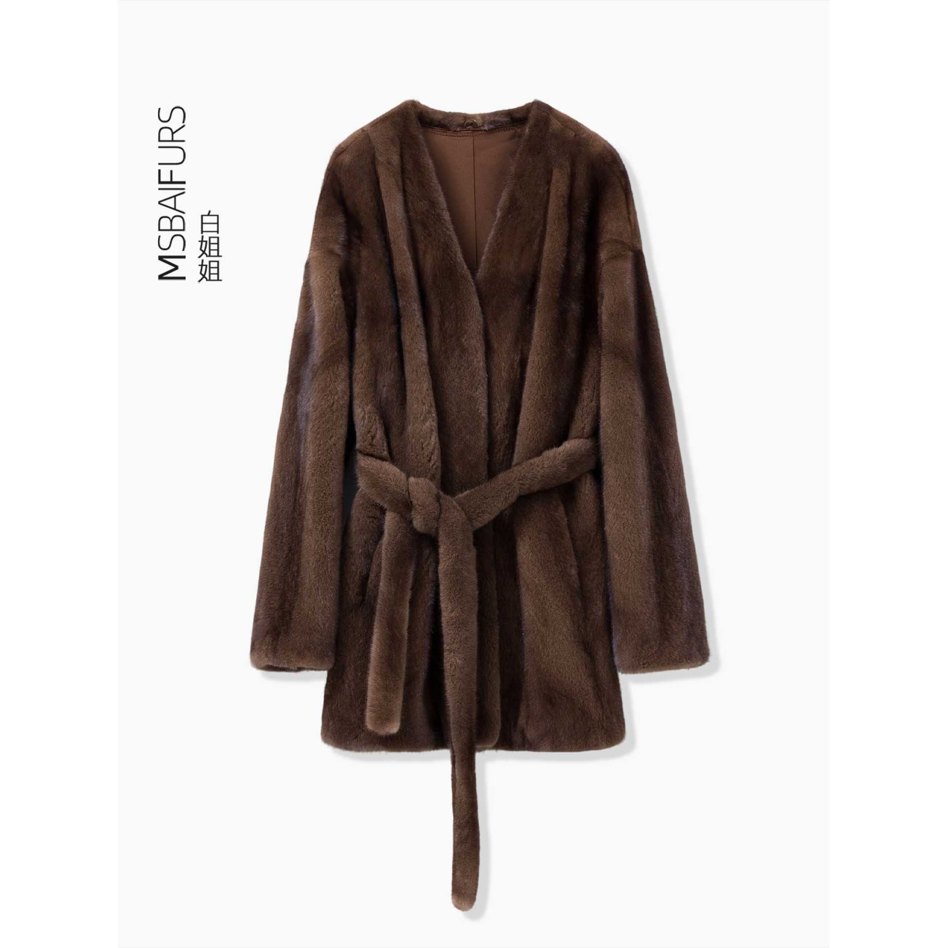 MSBAI  慵懒时光 年轻貂皮大衣女天鹅绒整水貂皮草外套中长款V领