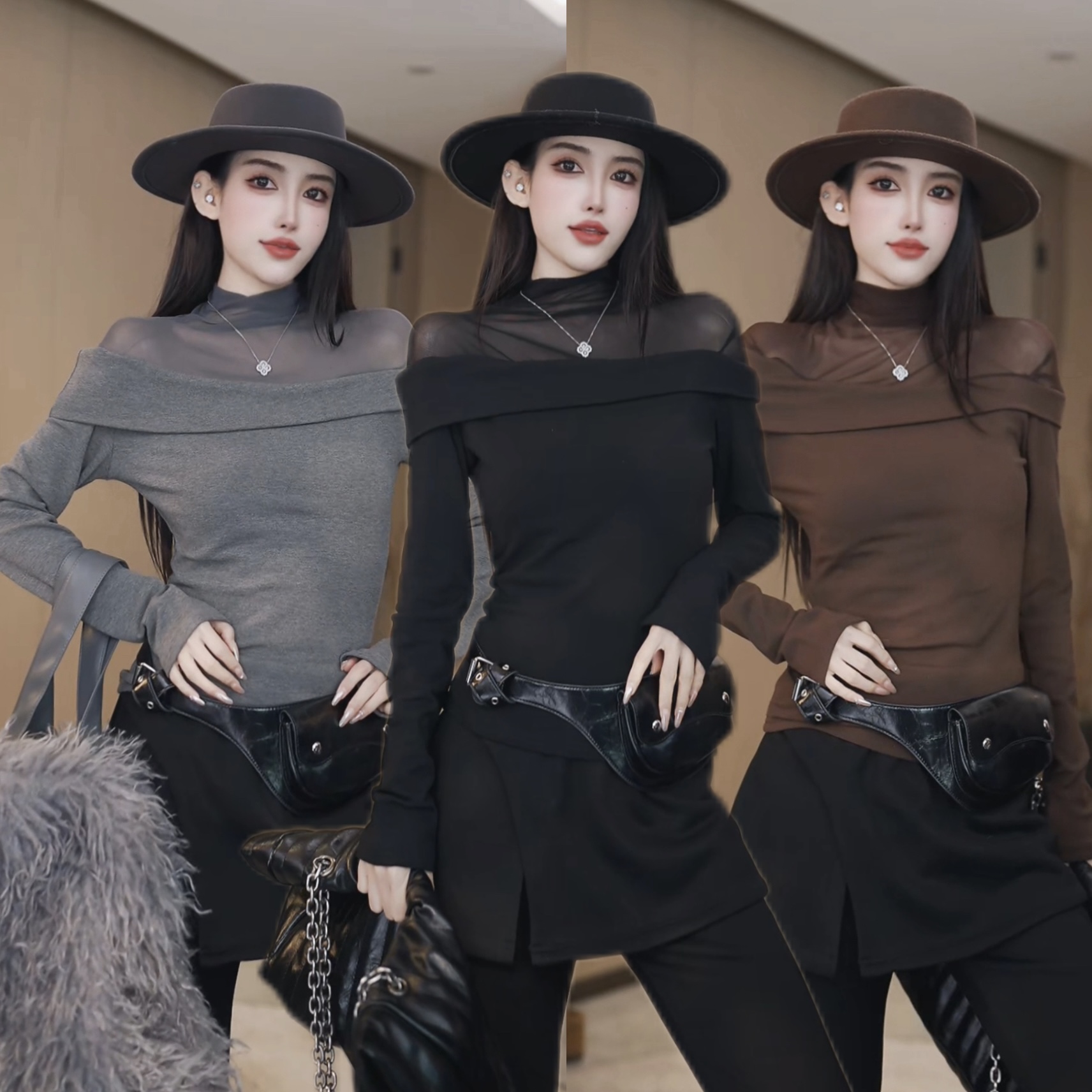 纯欲性感一字肩长袖T恤女秋冬新款高级感修身显瘦打底衫W7542